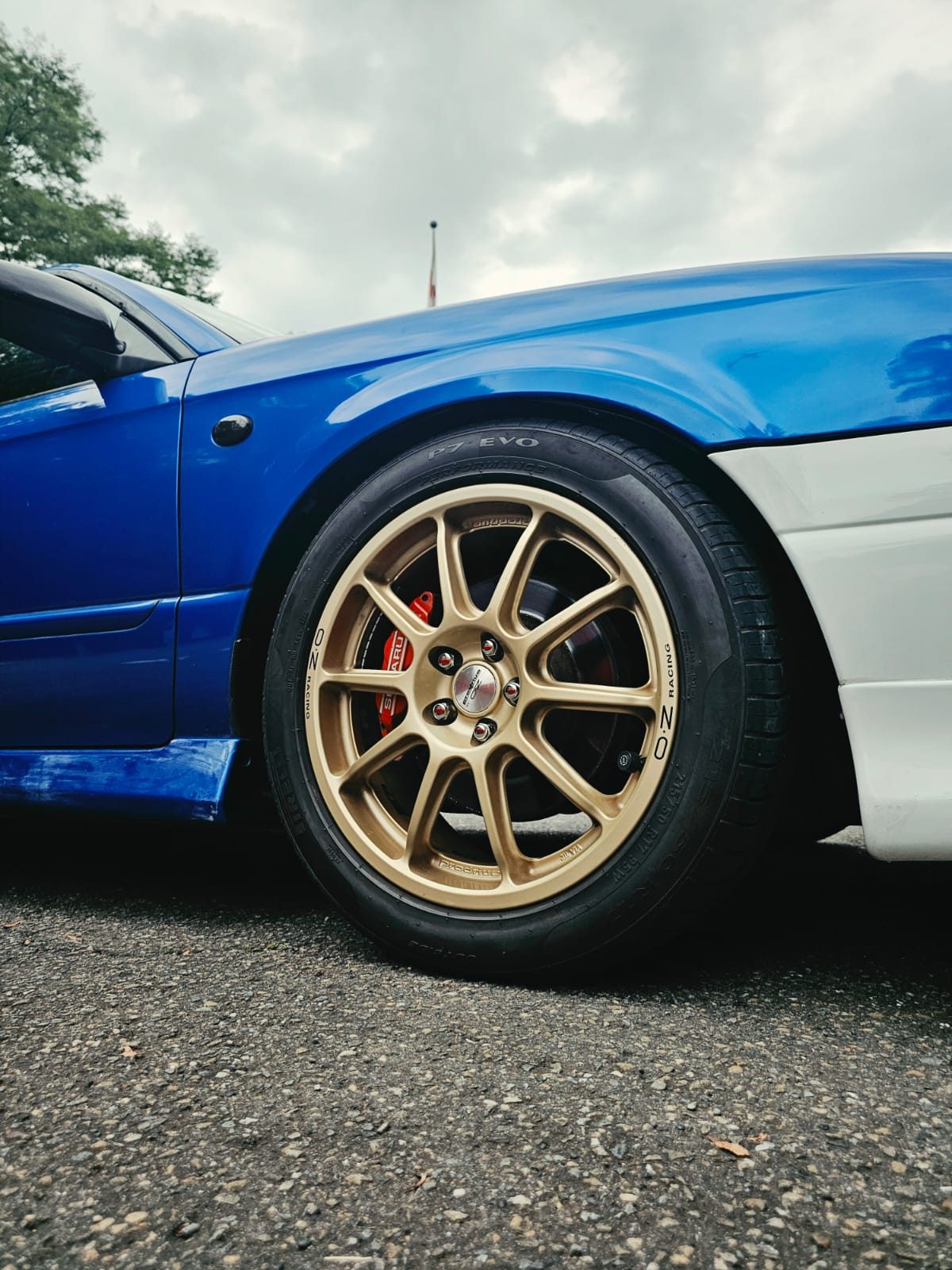 Close-up of a gold OZ Racing wheel on a blue Subaru Impreza