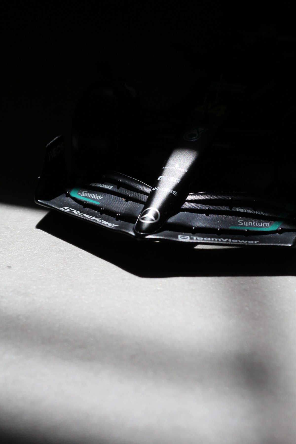 Close-up of the Mercedes Formula 1 front wing from a different angle